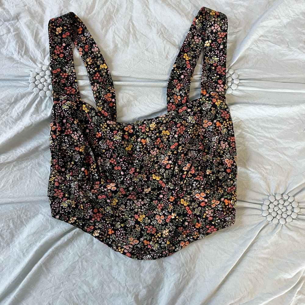 Lulu's Black Floral Cropped Bustier Top with Pink & Yellow Blossoms